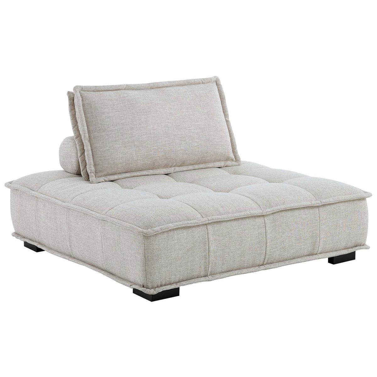 Generous tufted seat module in beige fabric with plush back cushion and cylindrical bolster on block legs || EEI-5210-BEI || front_angle_partial_studio