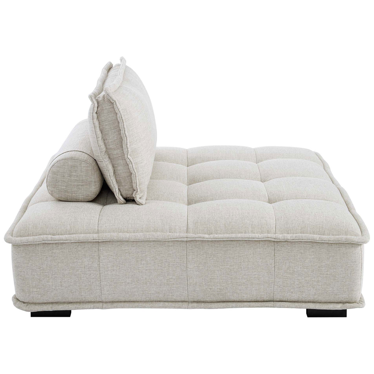 Deep cushioned beige seat with square tufting, slim profile base, and supportive back and bolster pillows || EEI-5210-BEI || side_partial_studio