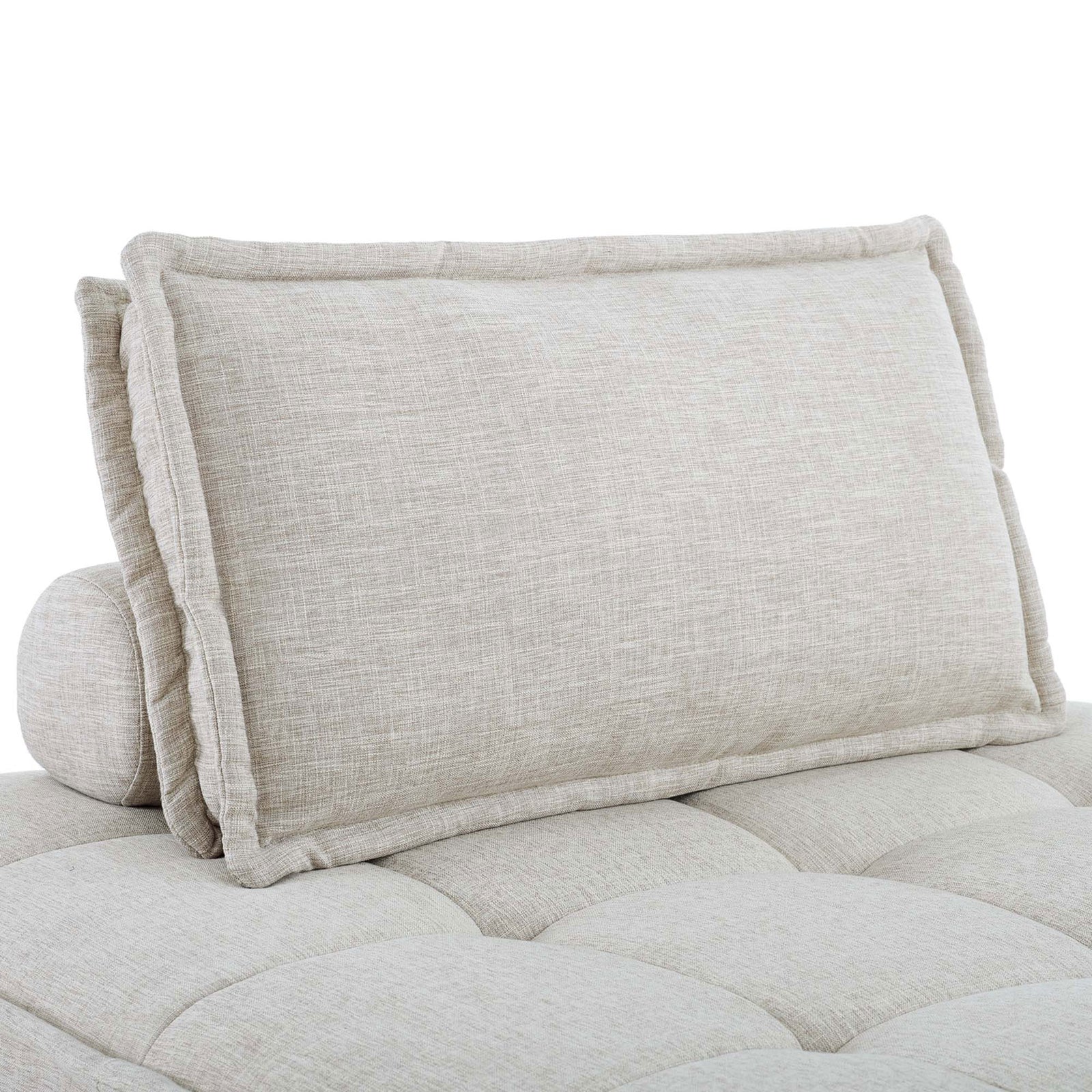Textured beige back cushion with tailored flange edging resting on the tufted modular seat || EEI-5210-BEI || detail_studio