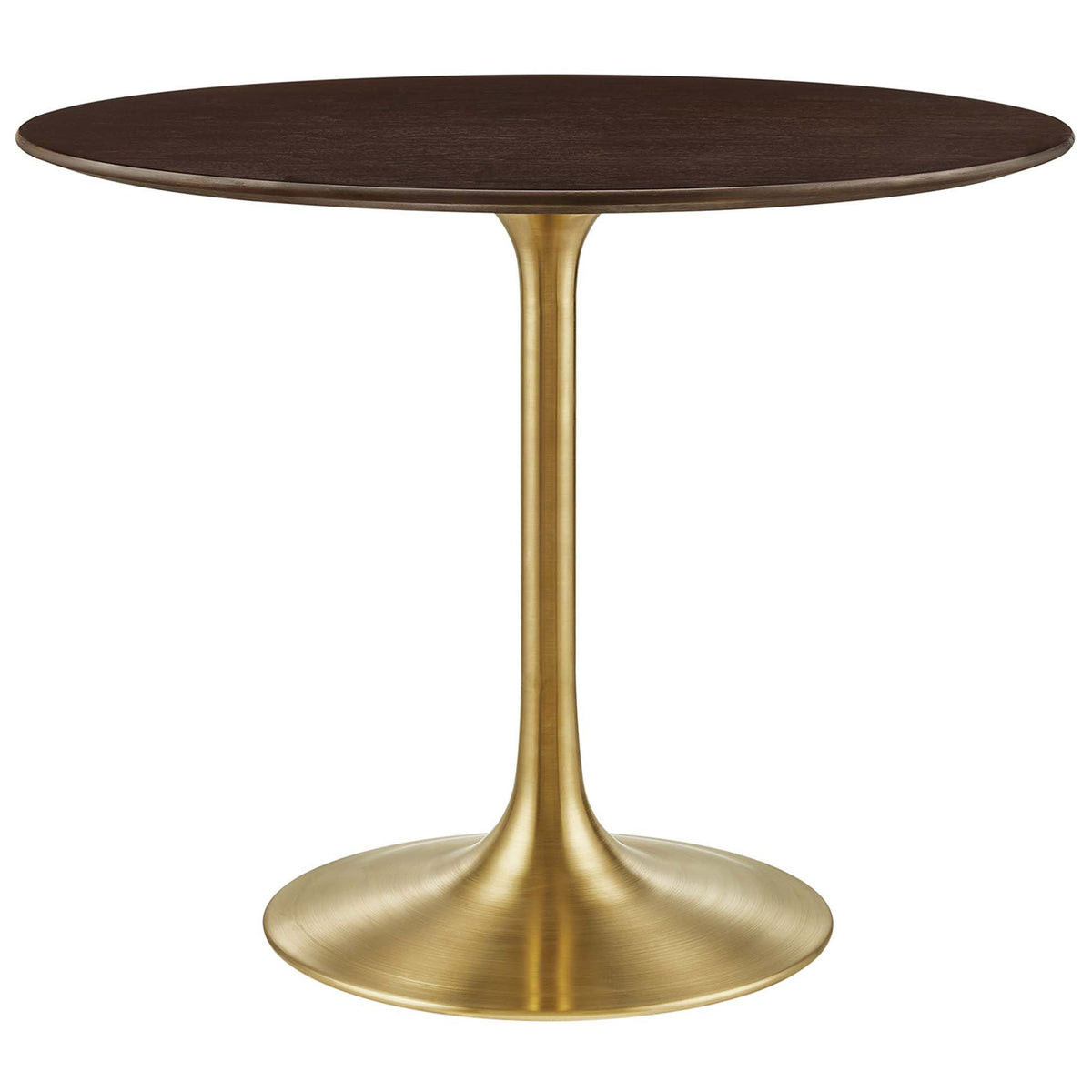 Round cherry walnut pedestal dining table with brushed gold base for sleek mid-century style || EEI-5214-GLD-CHE || front_studio