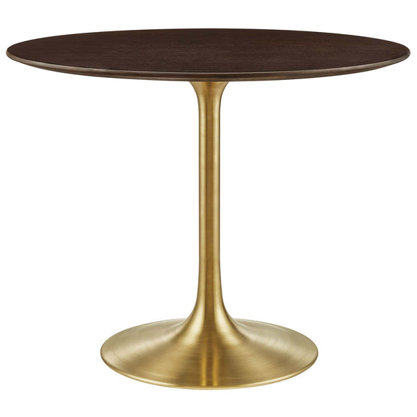 Round cherry walnut pedestal dining table with brushed gold base for sleek mid-century style || EEI-5214-GLD-CHE || front_studio