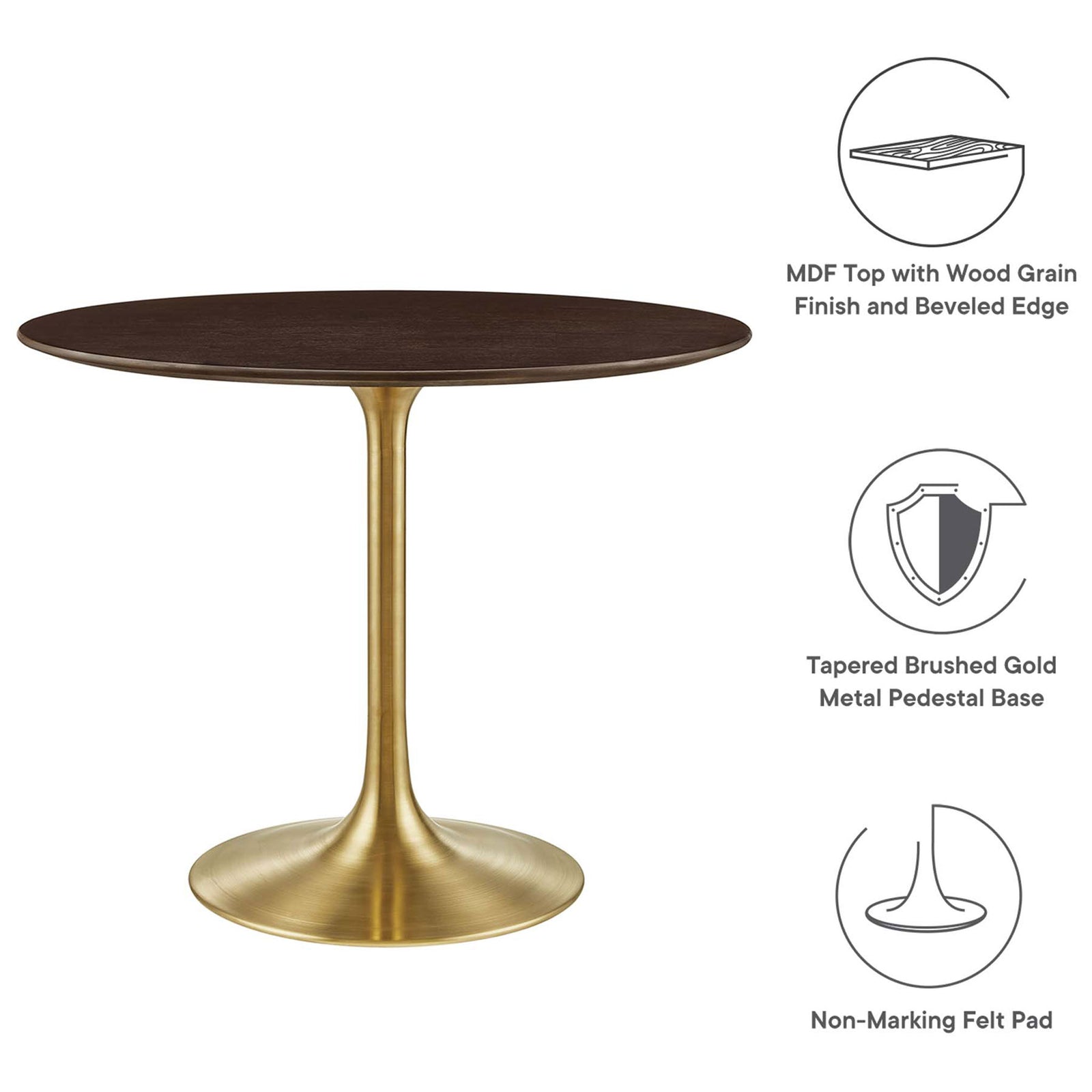 Round cherry walnut dining table with brushed gold pedestal base and icons highlighting key features || EEI-5214-GLD-CHE || callout_studio