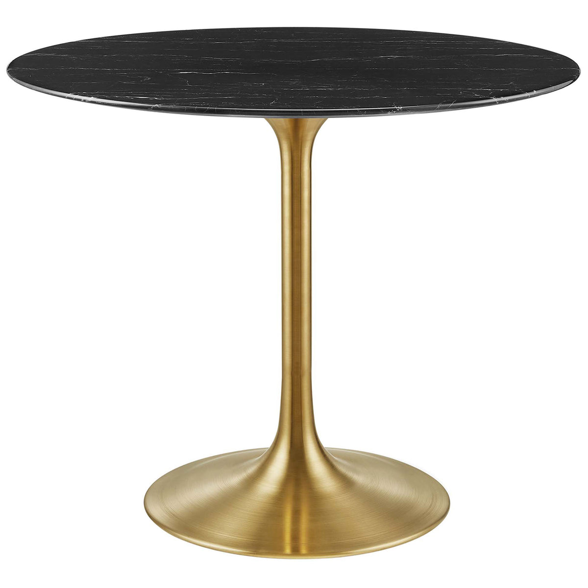 Black faux marble 36 inch round dining table with sleek brushed gold pedestal base || EEI-5225-GLD-BLK || front_studio