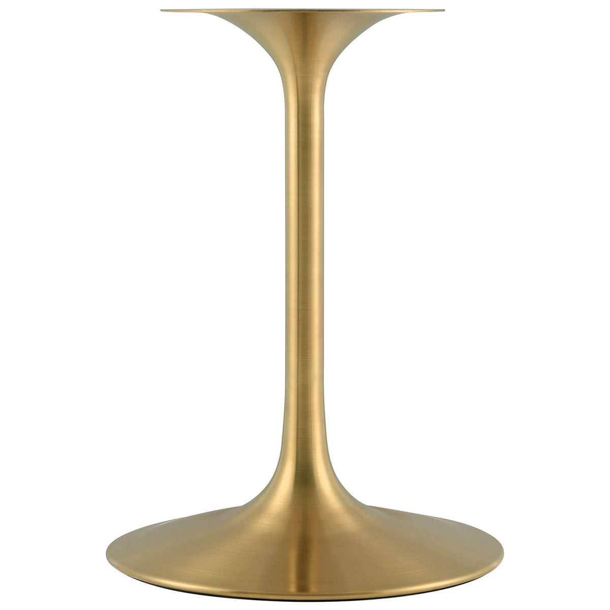Tapered brushed gold metal pedestal base creates a sculptural foundation for the round dining table || EEI-5225-GLD-BLK || leg_studio