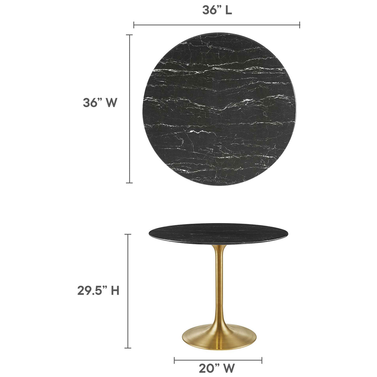 Black faux marble 36 inch round dining table with dimensions shown for tabletop width and overall height || EEI-5225-GLD-BLK || dimension_studio