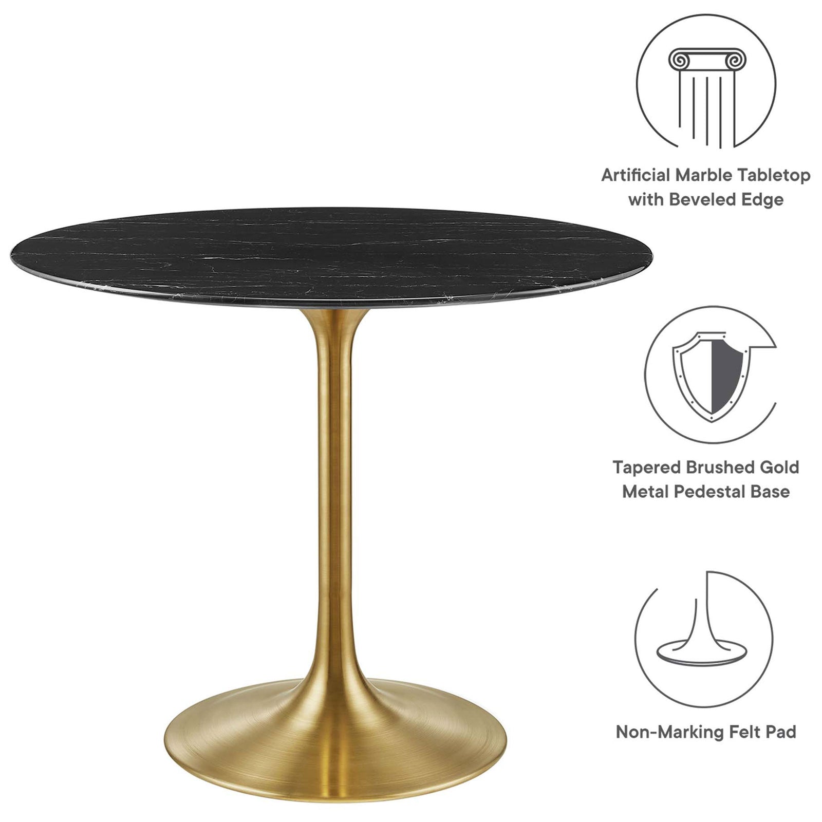 Black faux marble 36 inch dining table with icons highlighting beveled edge, gold pedestal base, and floor safe pad || EEI-5225-GLD-BLK || callout_studio