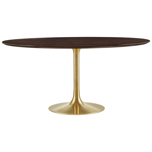 Spacious round cherry walnut pedestal dining table with slim brushed gold base for entertaining || EEI-5232-GLD-CHE || front_studio