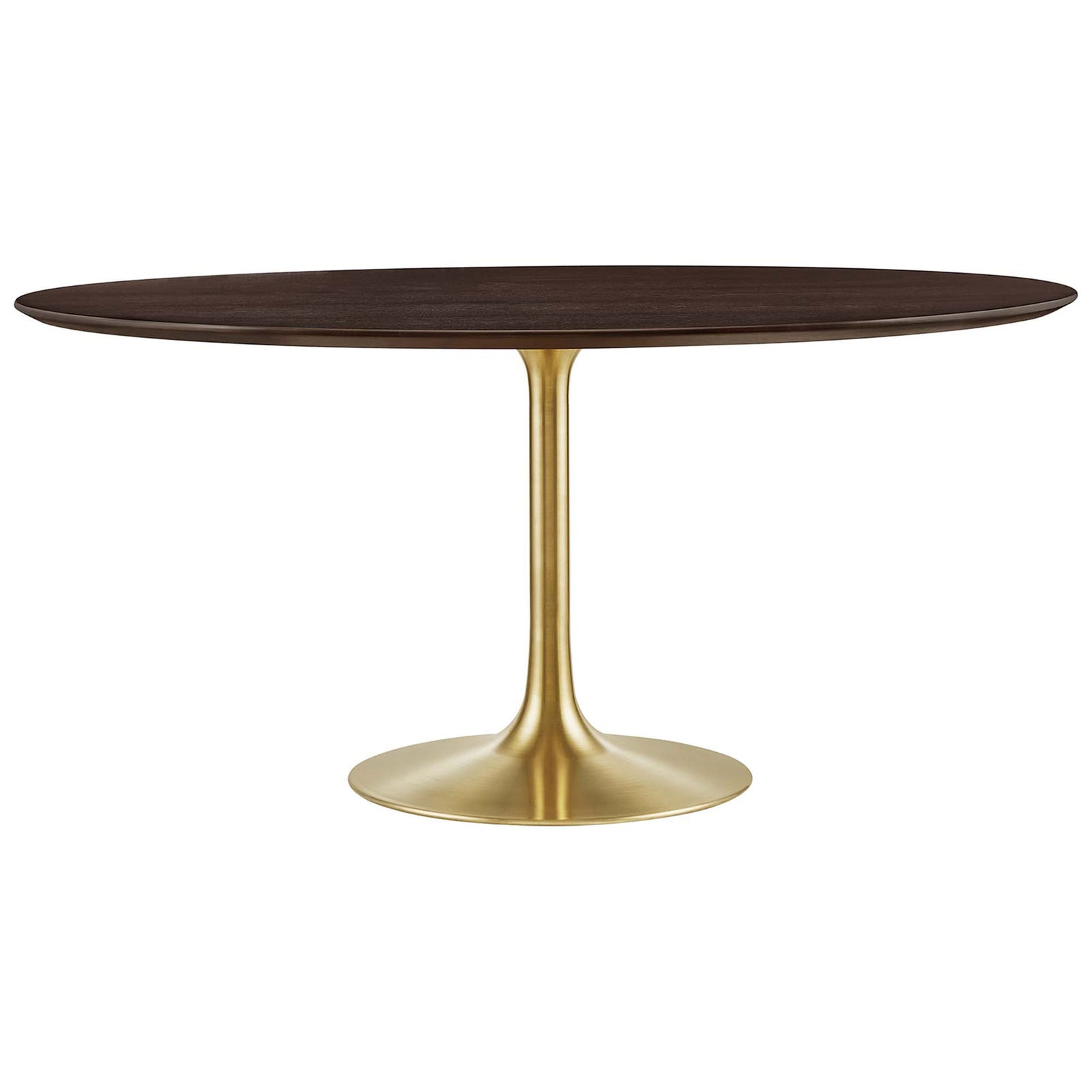 Spacious round cherry walnut pedestal dining table with slim brushed gold base for entertaining || EEI-5232-GLD-CHE || front_studio