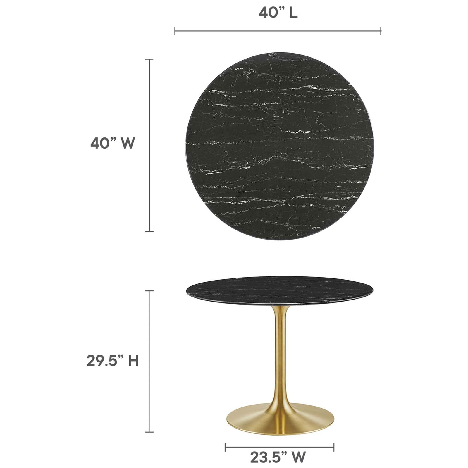 Black faux marble 40 inch round dining table with width and height dimensions displayed for easy planning || EEI-5238-GLD-BLK || dimension_studio