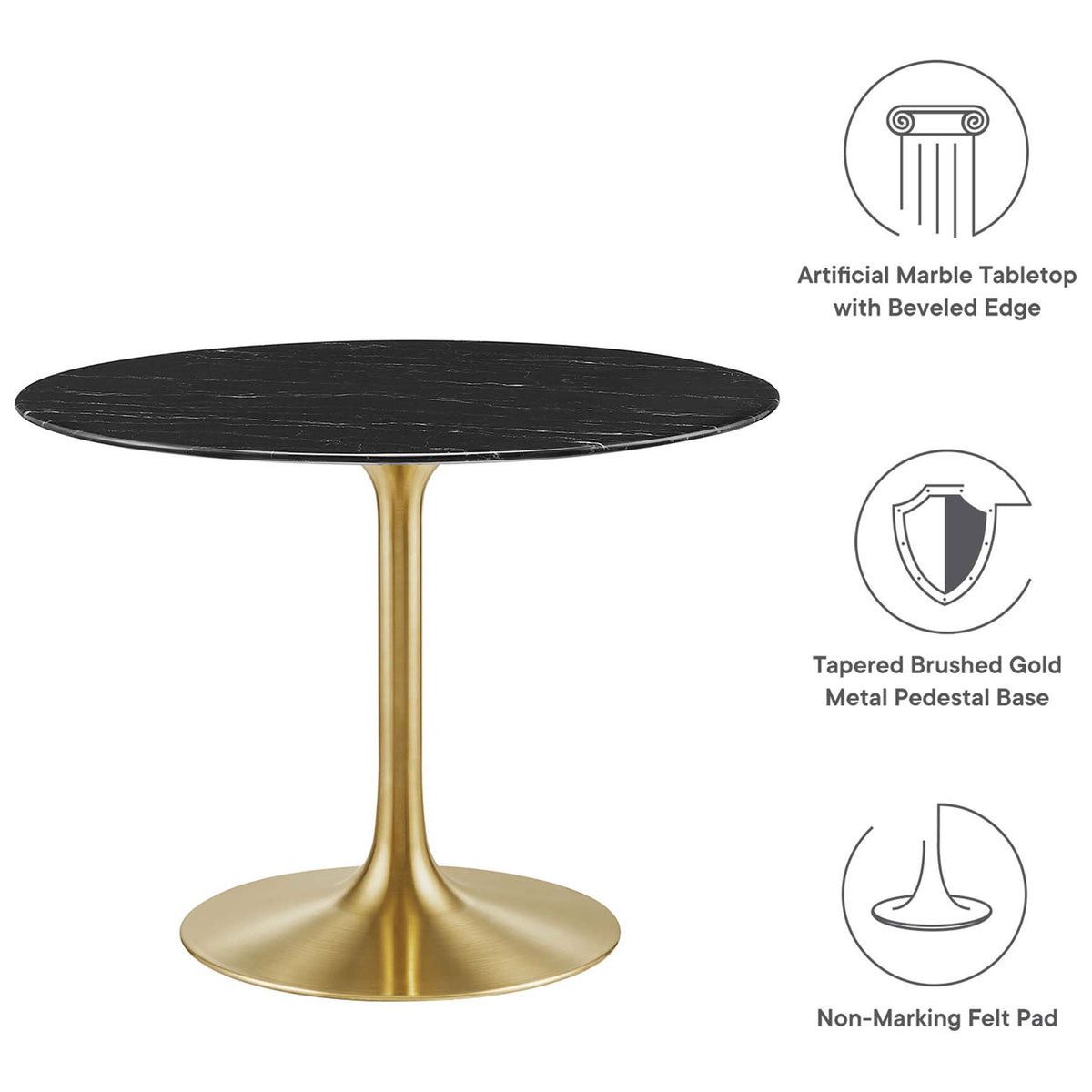 Black faux marble 40 inch dining table with icons calling out beveled edge, gold base, and non marking pad || EEI-5238-GLD-BLK || callout_studio