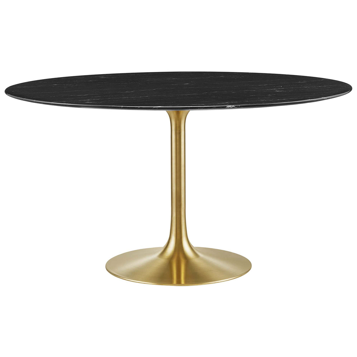 Black faux marble 54 inch round dining table with elongated profile and brushed gold pedestal base || EEI-5240-GLD-BLK || front_studio