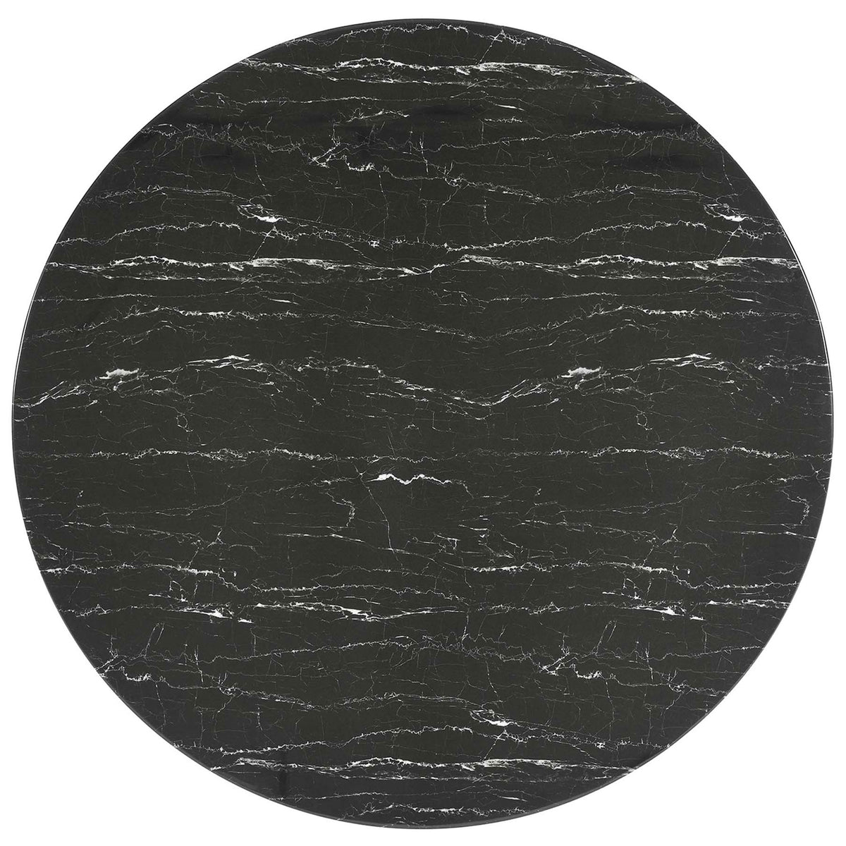 Black veined faux marble 54 inch round tabletop provides a spacious surface for family style dining || EEI-5240-GLD-BLK || top_studio