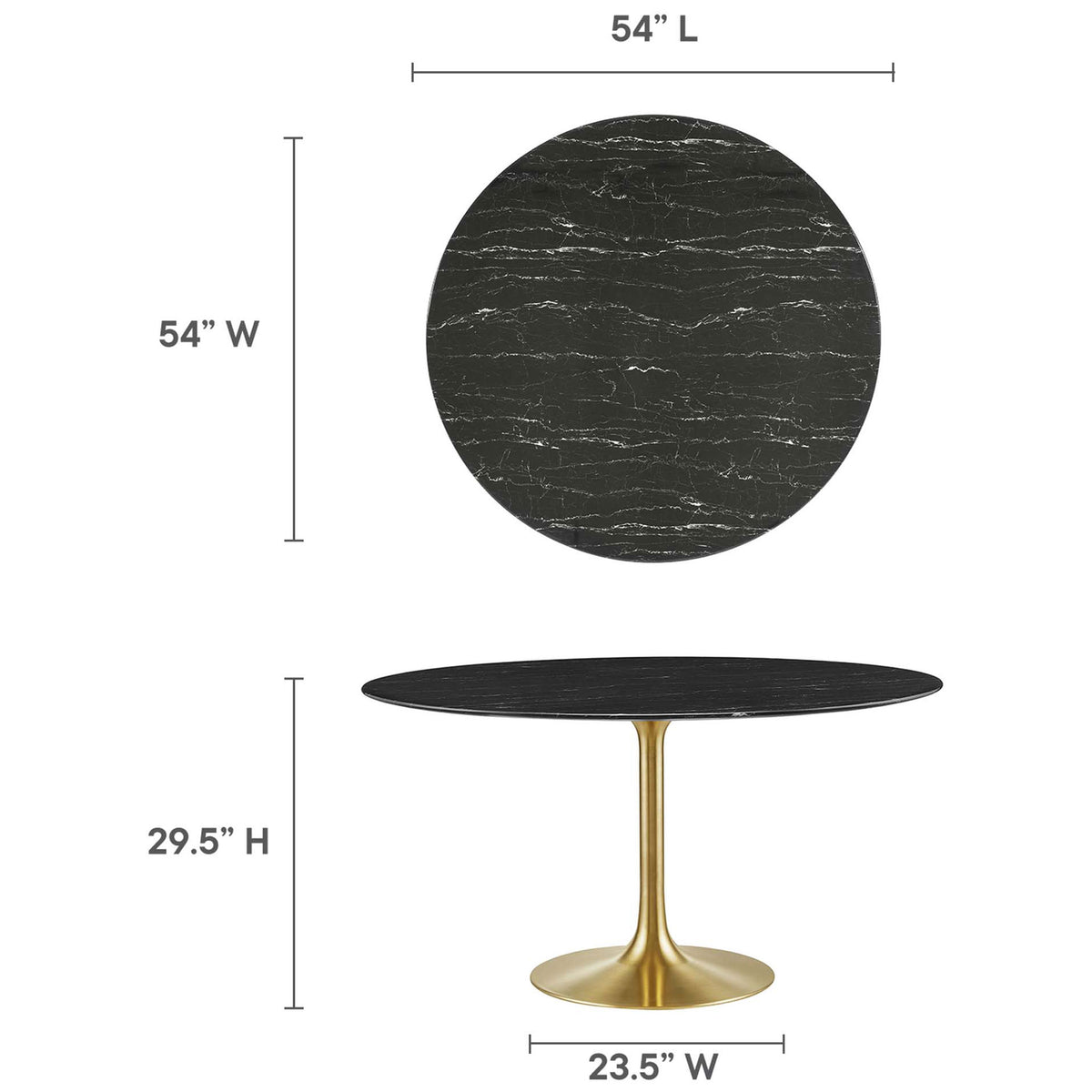 Black faux marble 54 inch round dining table with diameter and height dimensions shown for scale || EEI-5240-GLD-BLK || dimension_studio