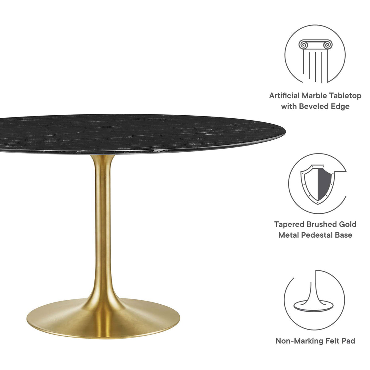 Black faux marble 54 inch dining table with icons highlighting beveled edge, tapered base, and floor protection || EEI-5240-GLD-BLK || callout_studio