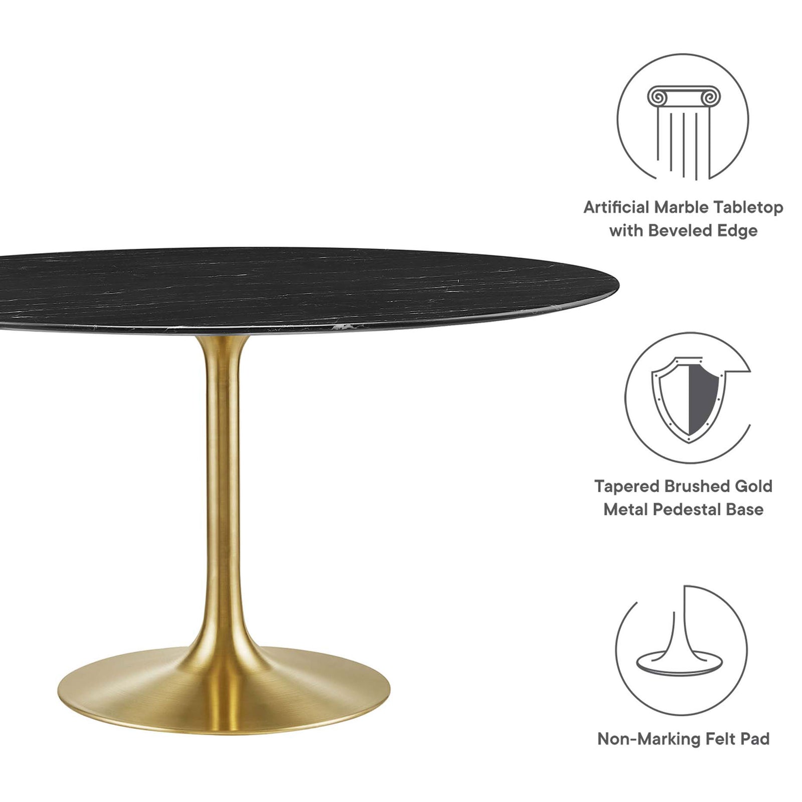Black faux marble 54 inch dining table with icons highlighting beveled edge, tapered base, and floor protection || EEI-5240-GLD-BLK || callout_studio