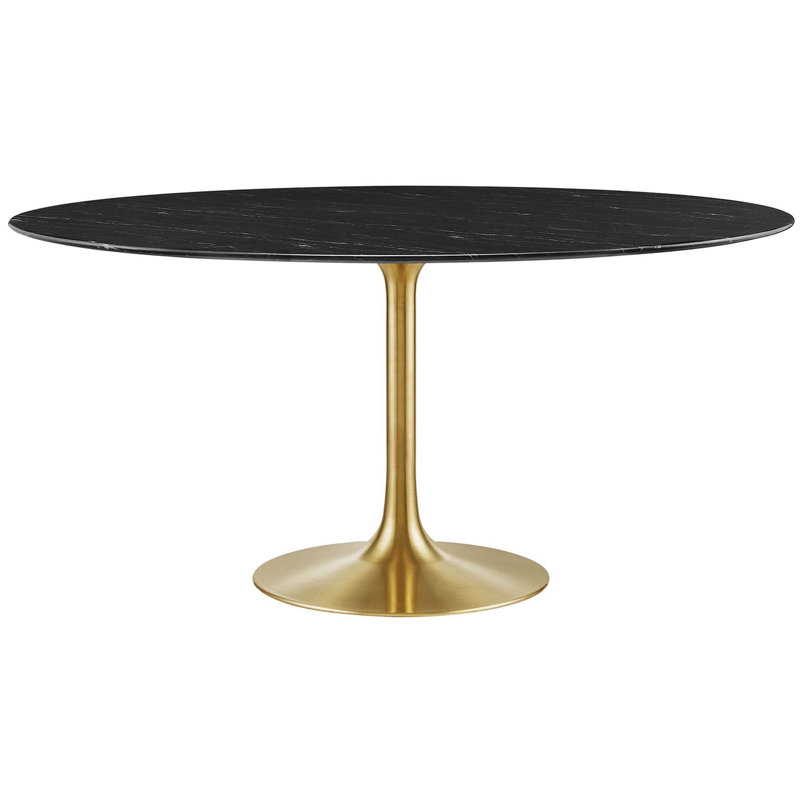 Black faux marble 60 inch round dining table with expansive top and sleek brushed gold pedestal base || EEI-5241-GLD-BLK || front_studio