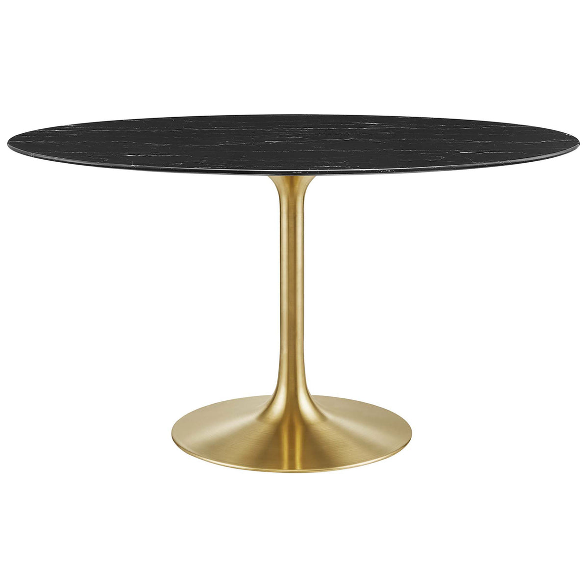 Black 54-inch oval faux marble dining table with slim brushed gold pedestal base. || EEI-5242-GLD-BLK || front_studio
