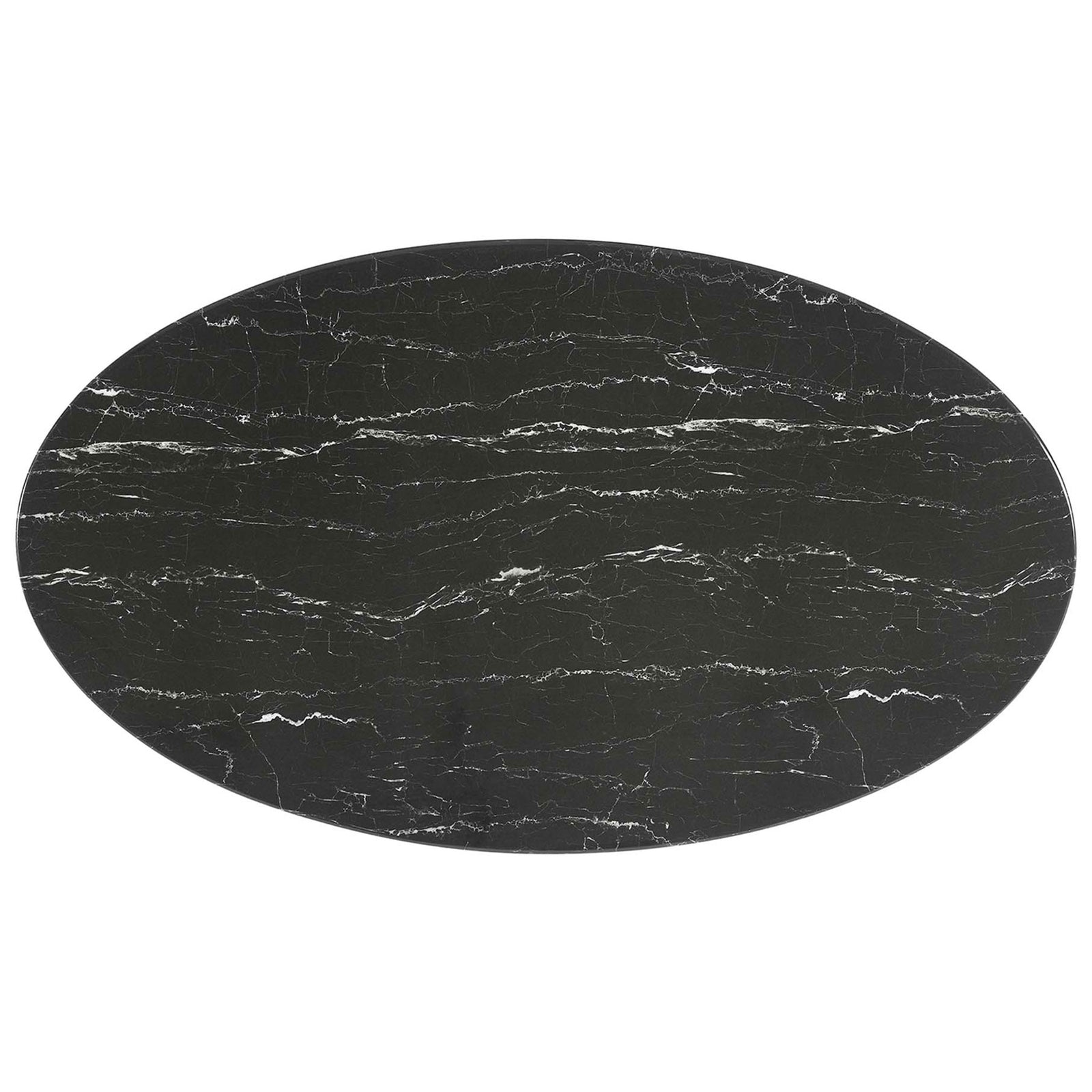 54-inch black oval faux marble tabletop with white veining and beveled edge. || EEI-5242-GLD-BLK || top_studio