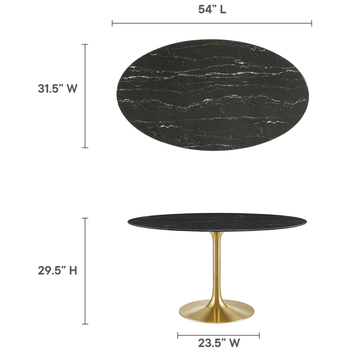 Dimension diagram showing the 54-inch oval faux marble dining table height, length, and width. || EEI-5242-GLD-BLK || dimension_studio