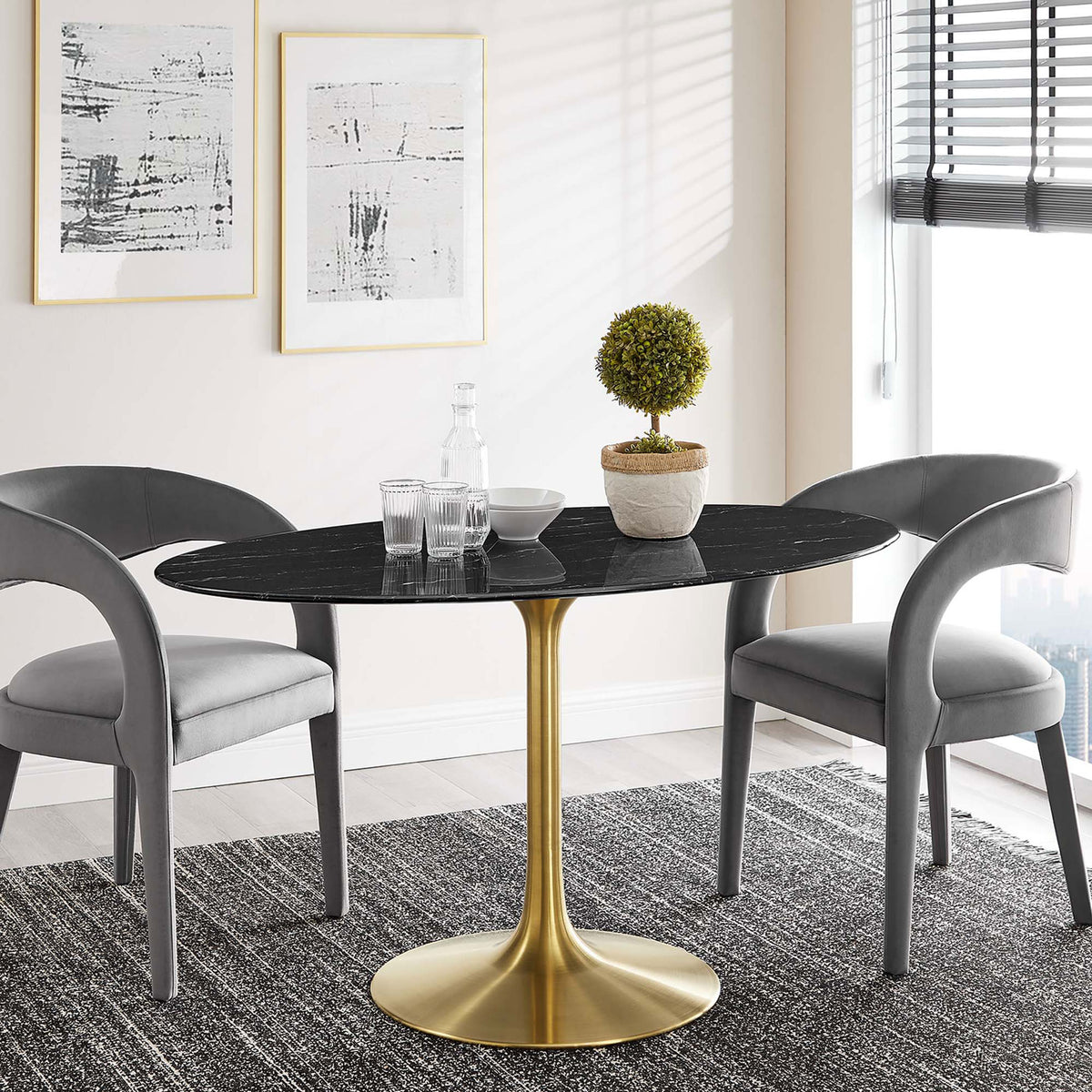 Black oval pedestal dining table set for four in a bright modern dining room. || EEI-5242-GLD-BLK || front_room