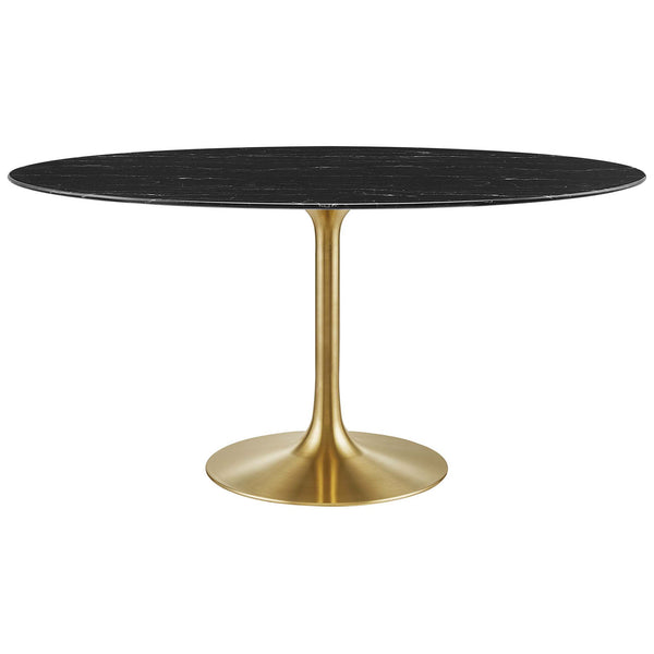 Black 60-inch oval faux marble dining table with gleaming brushed gold pedestal base. || EEI-5243-GLD-BLK || front_studio