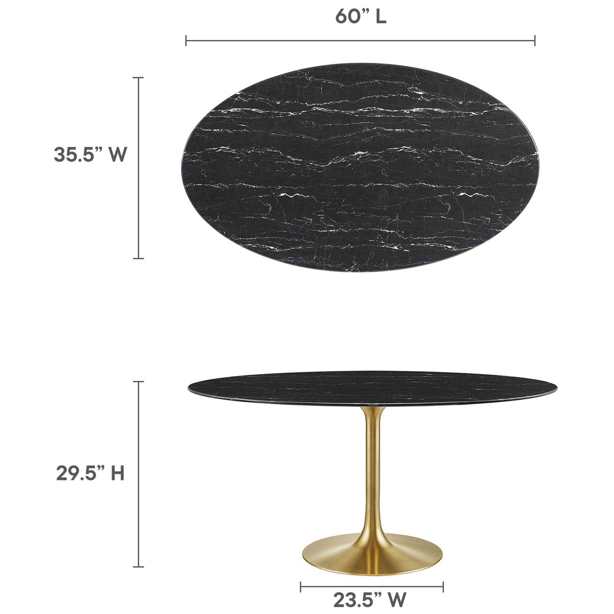 Dimension guide detailing the length, width, and height of the 60-inch oval dining table. || EEI-5243-GLD-BLK || dimension_studio