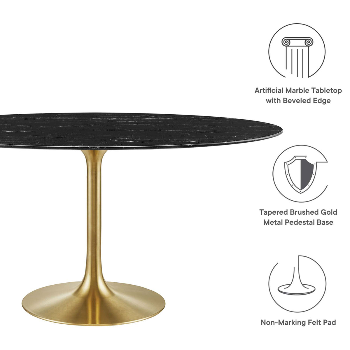 Feature callouts for beveled faux marble surface, tapered gold pedestal base, and protective felt pad. || EEI-5243-GLD-BLK || callout_studio