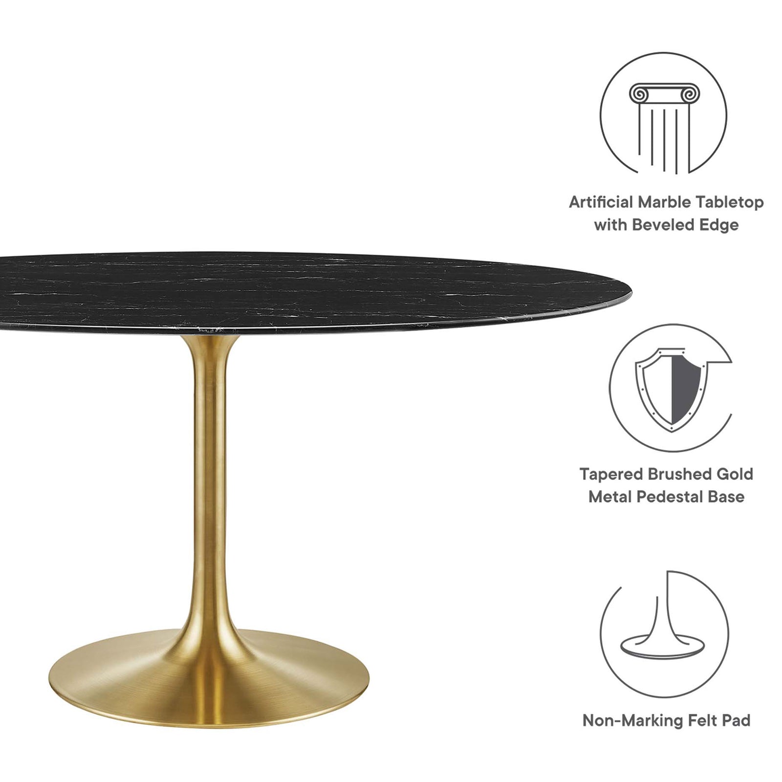 Feature callouts for beveled faux marble surface, tapered gold pedestal base, and protective felt pad. || EEI-5243-GLD-BLK || callout_studio