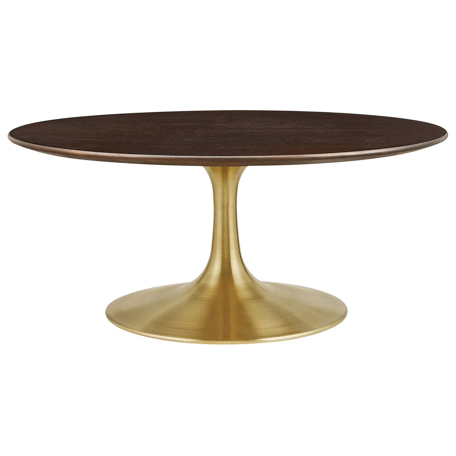 Round wood coffee table with beveled top and brushed gold pedestal base || EEI-5244-GLD-CHE || front_studio