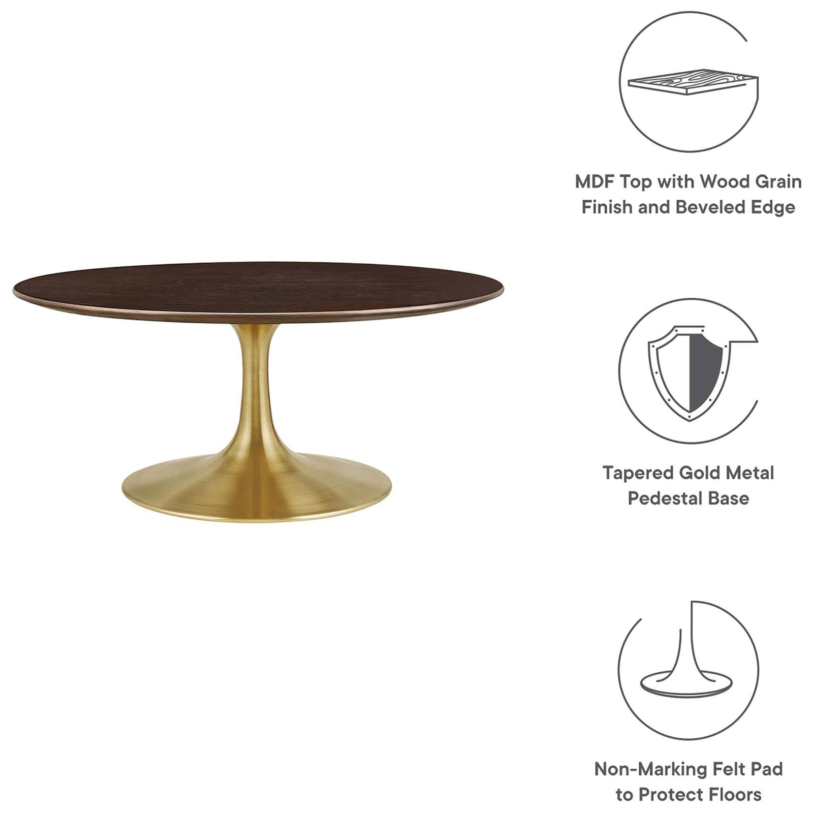 Key features include wood grain veneer top, gold pedestal base, and floor-protecting felt pad || EEI-5244-GLD-CHE || callout_studio