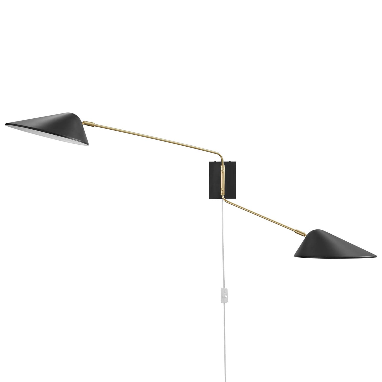 Matte black double swing arm wall sconce with slim brass arms and flared cone shades. || EEI-5294-BLK || front_angle_studio