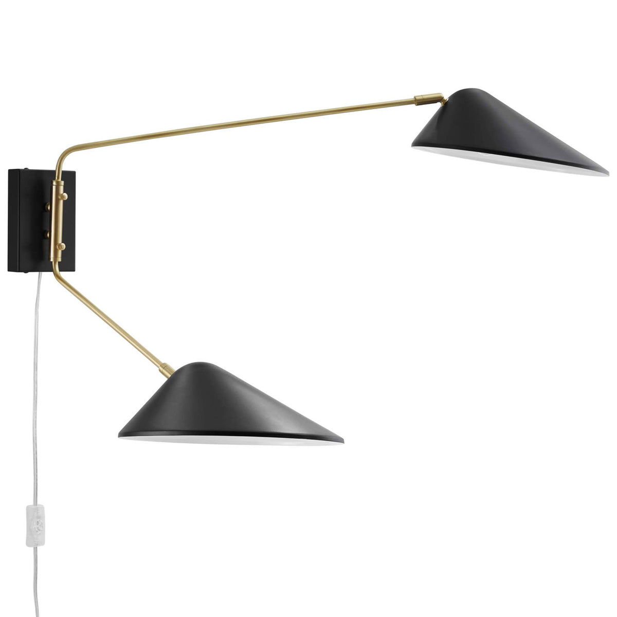 Adjustable 2-light wall sconce with twin black shades on pivoting satin brass arms. || EEI-5294-BLK || front_angle_studio