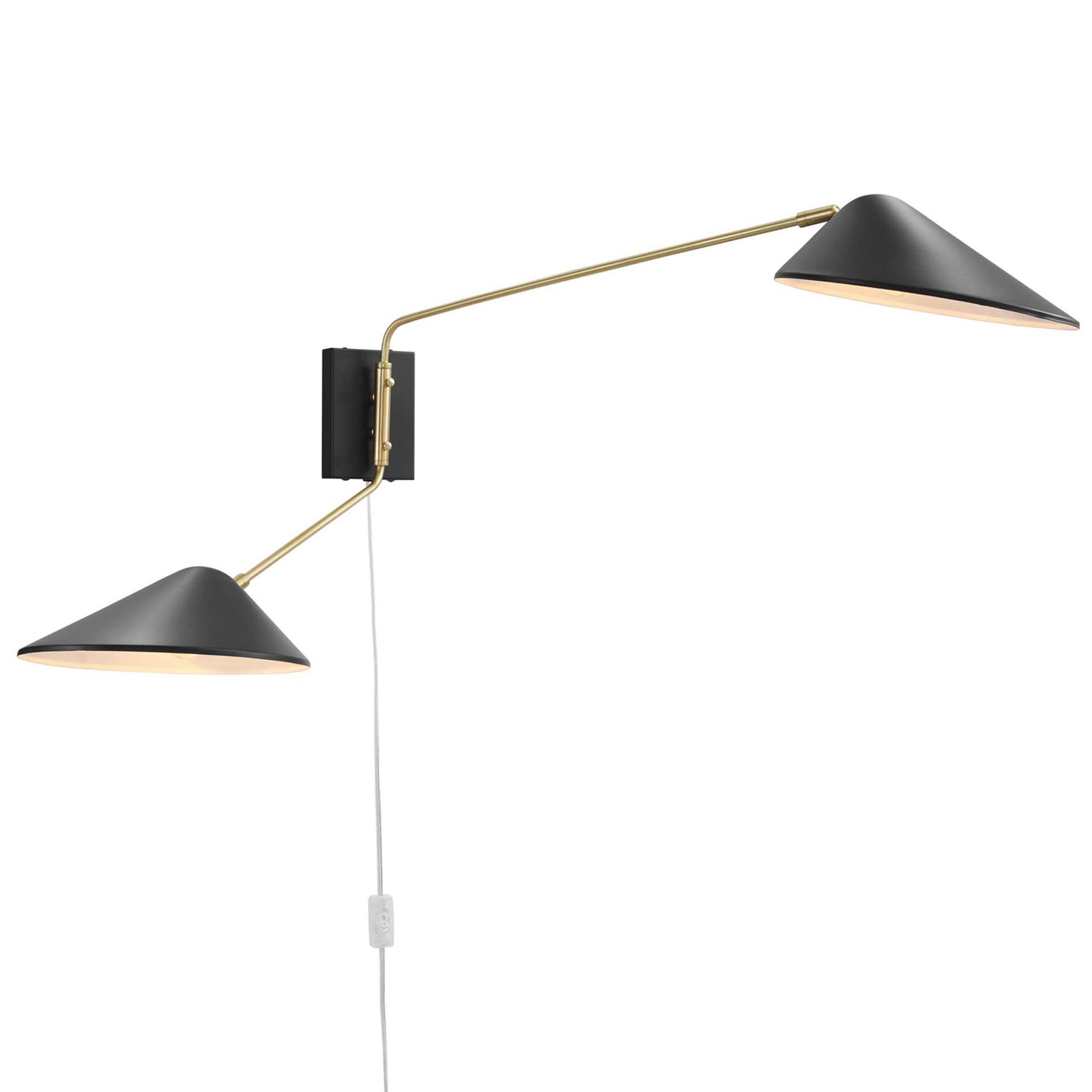 Modern 2-light sconce with asymmetrical brass arms and matte black cone shades. || EEI-5294-BLK || front_angle_on_studio
