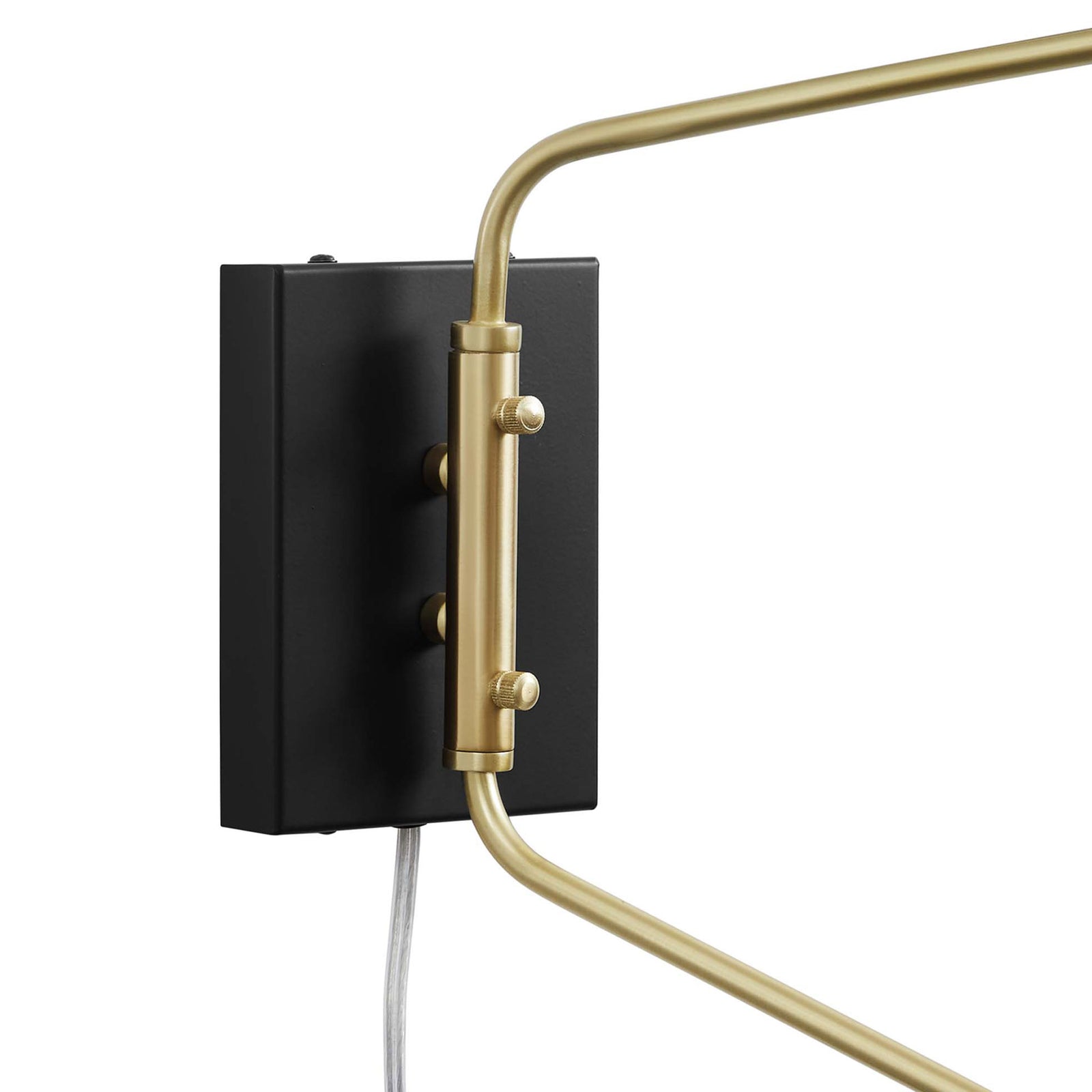 Black metal backplate and brass swivel hardware showcase the sconce's smooth adjustability. || EEI-5294-BLK || detail_studio