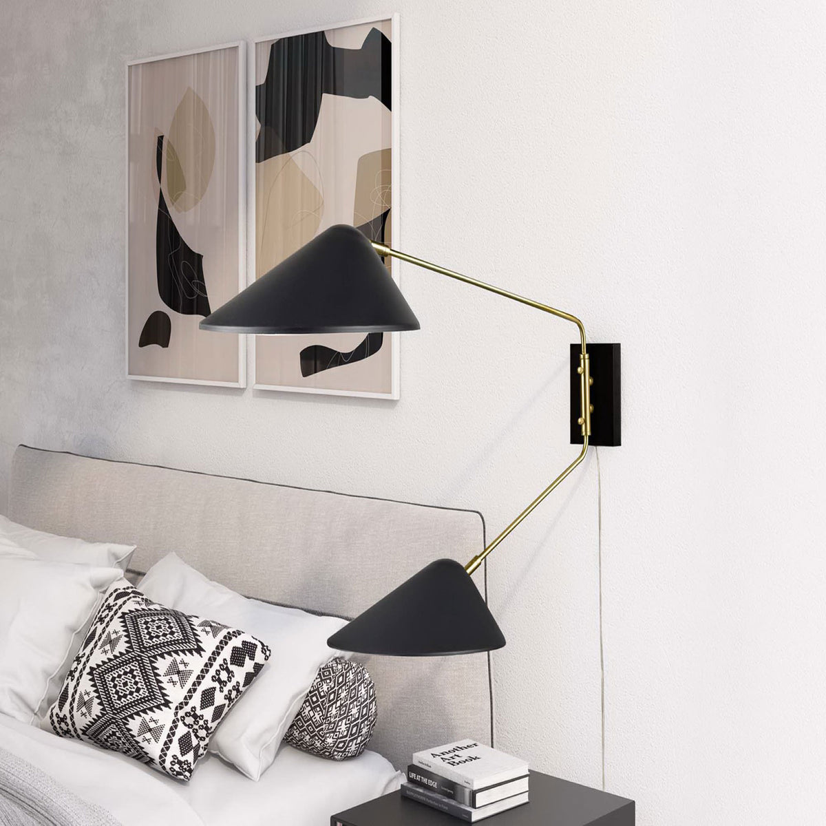 Twin adjustable shades wash soft light across the bedroom wall and nightstand. || EEI-5294-BLK || front_angle_room