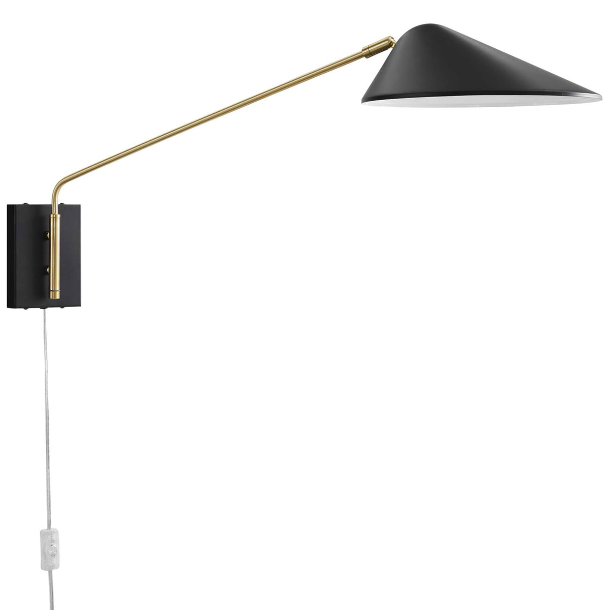 Long reaching black swing arm wall sconce with slim brass arm and oversized cone shade. || EEI-5295-BLK || front_angle_studio