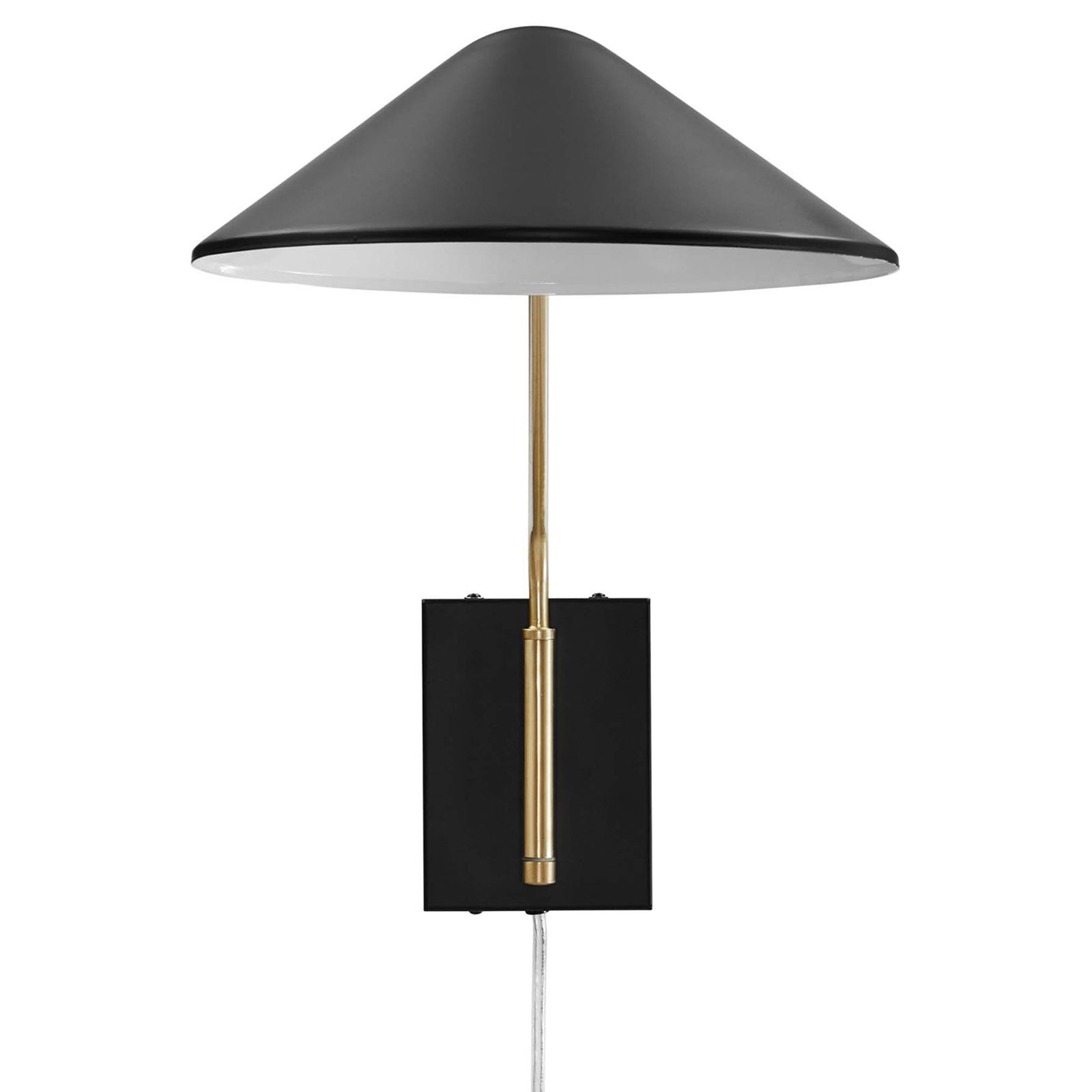 Tall Journey wall sconce stacks a vertical backplate with a dramatic hanging cone shade. || EEI-5295-BLK || front_studio