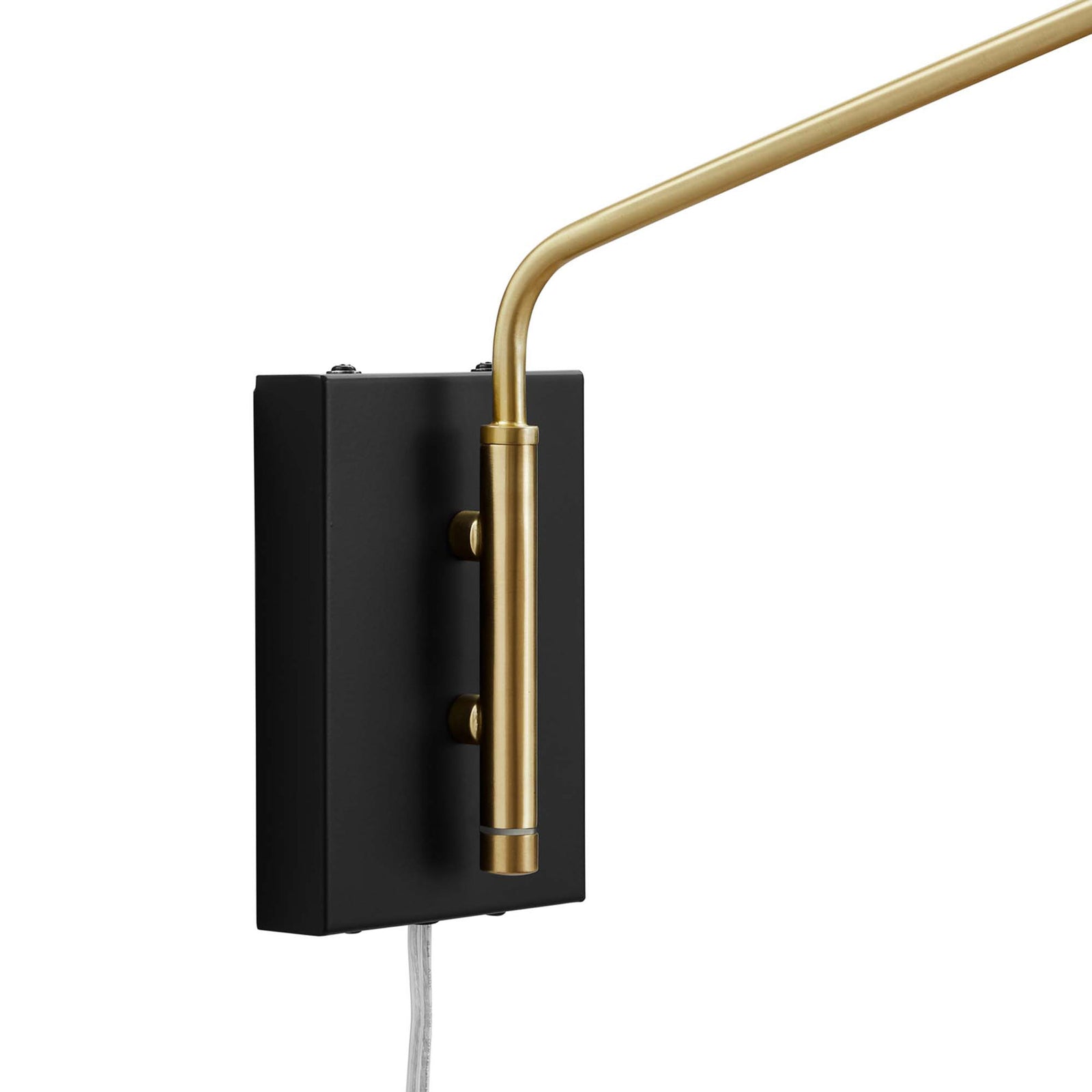 Matte black backplate and cylindrical brass arm mount add crisp architectural lines. || EEI-5295-BLK || detail_studio