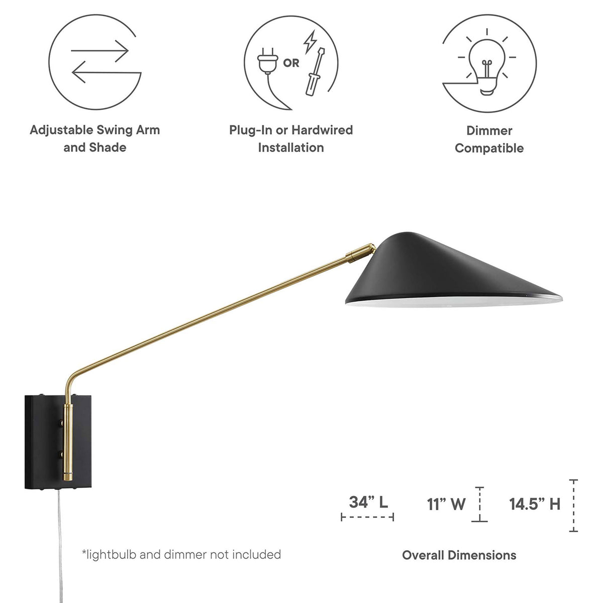 Graphic callouts display Journey 24 inch swing arm sconce dimensions and lighting reach. || EEI-5295-BLK || dimension_studio