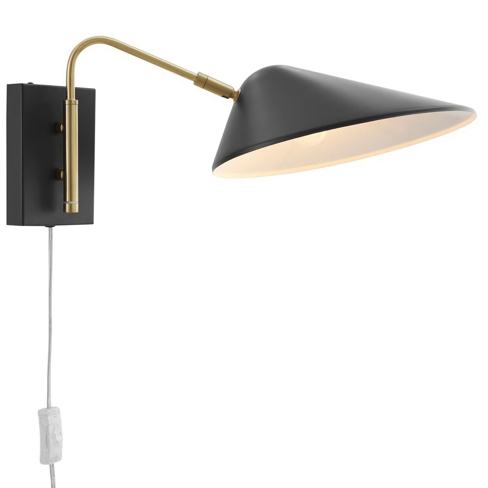 Sleek black swing arm wall sconce with tapered shade and slim satin brass arm. || EEI-5296-BLK || front_angle_on_studio