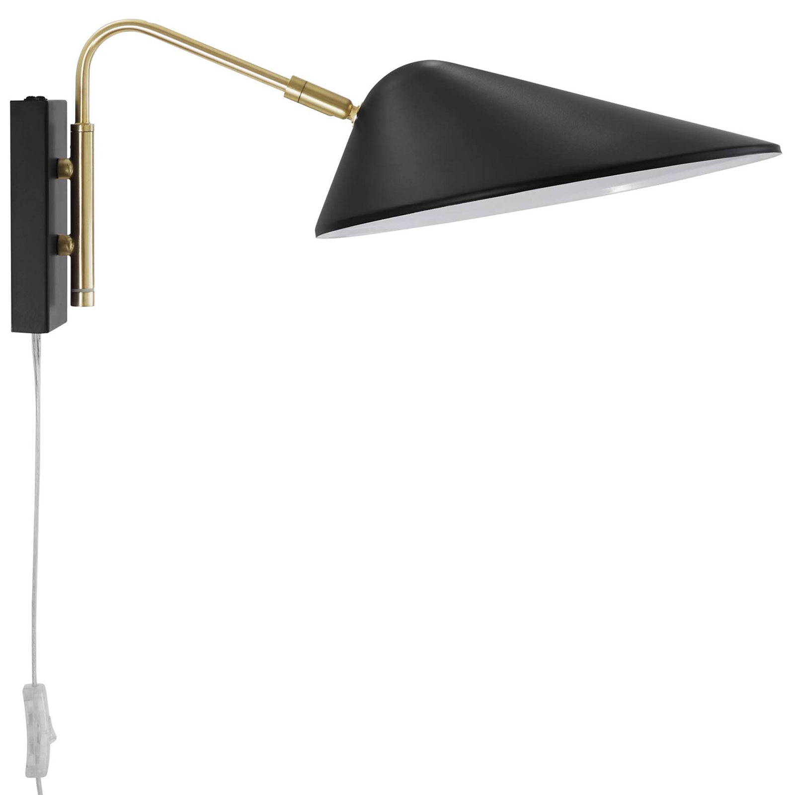 Modern plug-in wall lamp with elongated brass arm positioning light over your space. || EEI-5296-BLK || side_studio