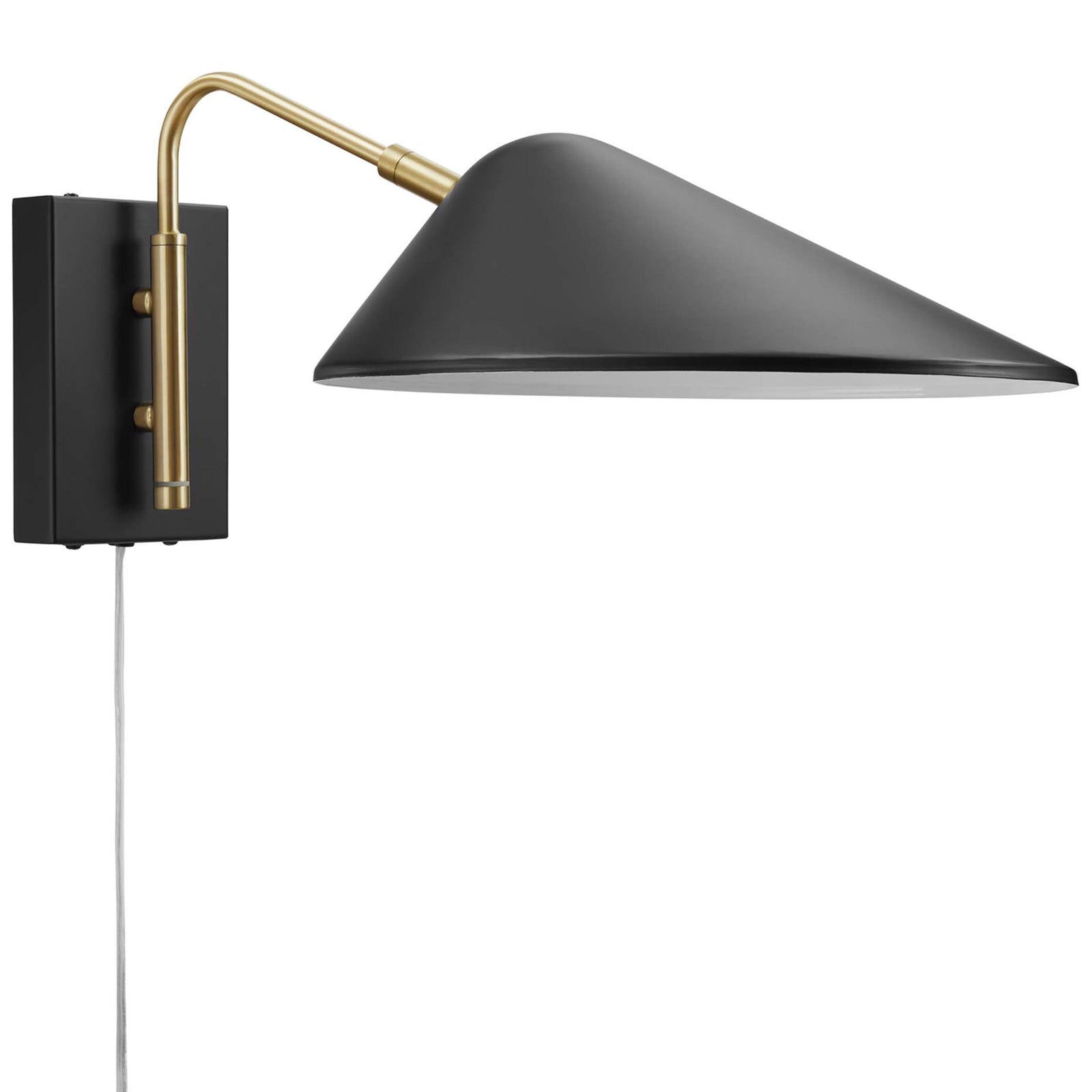 Compact black backplate and matte cone shade bring mid-century flair to any wall. || EEI-5296-BLK || front_angle_studio