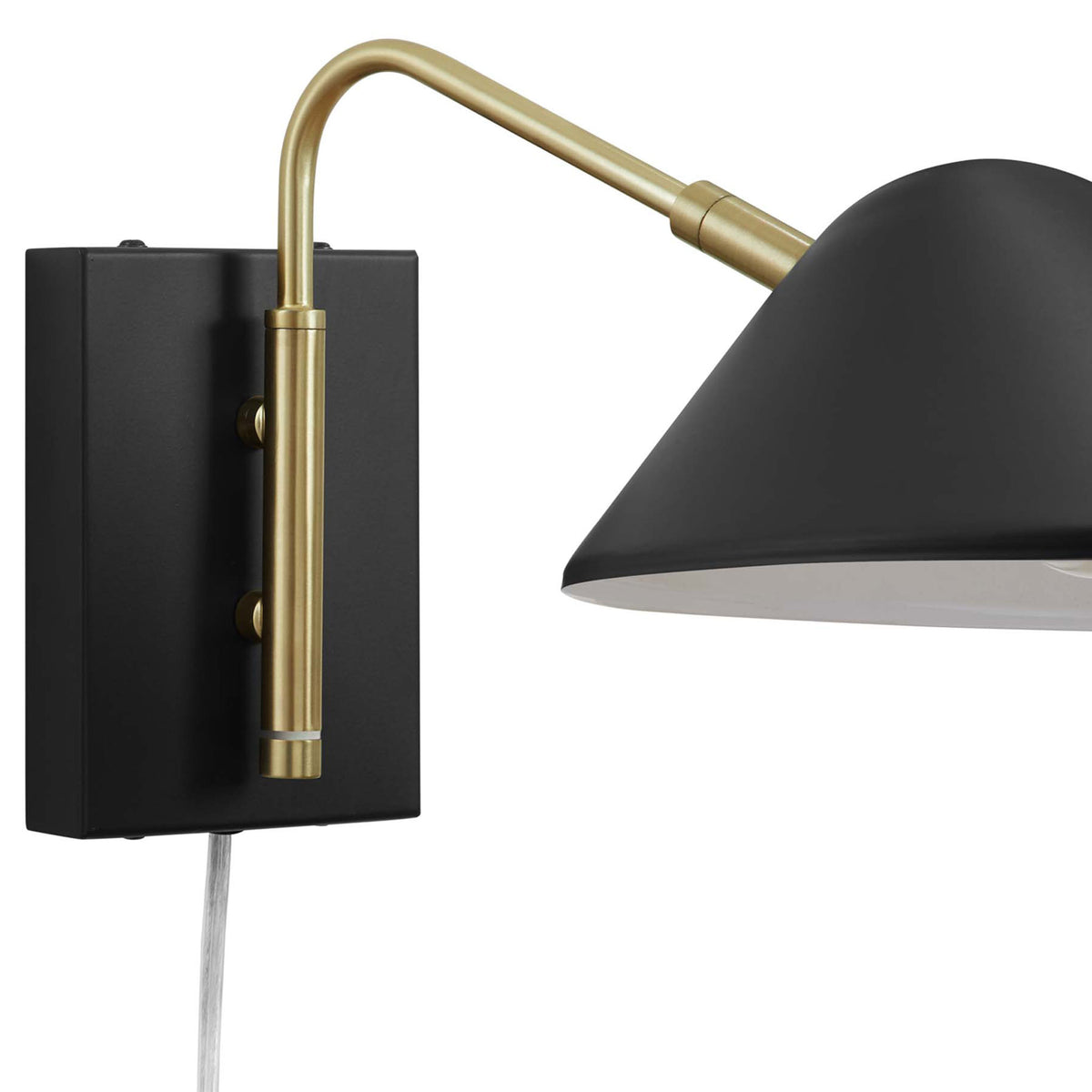 Rectangular black backplate with brass pivot joints for smooth height and reach adjustment. || EEI-5296-BLK || detail_studio