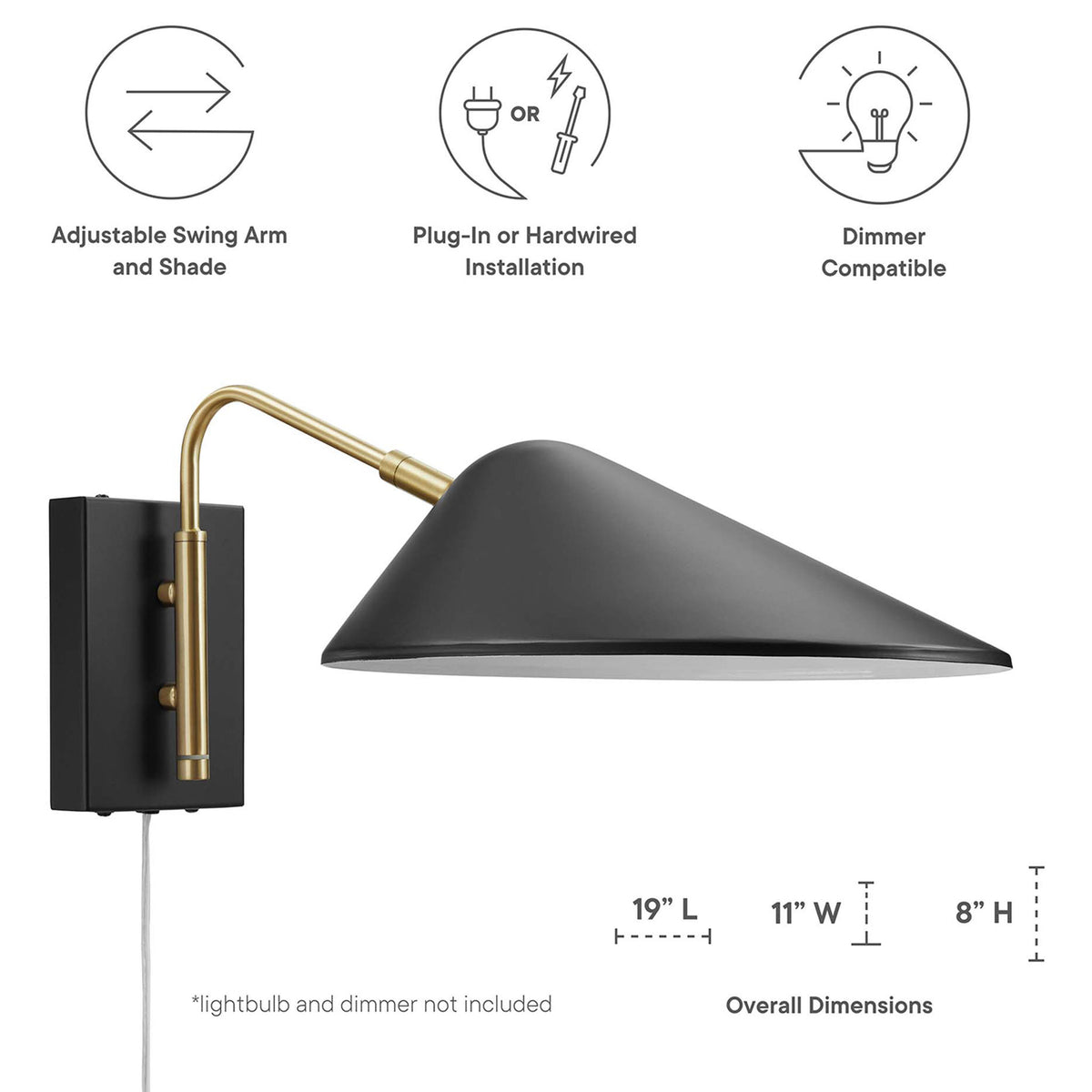 Illustrated guide showing Journey swing arm sconce dimensions and installation flexibility. || EEI-5296-BLK || dimension_studio