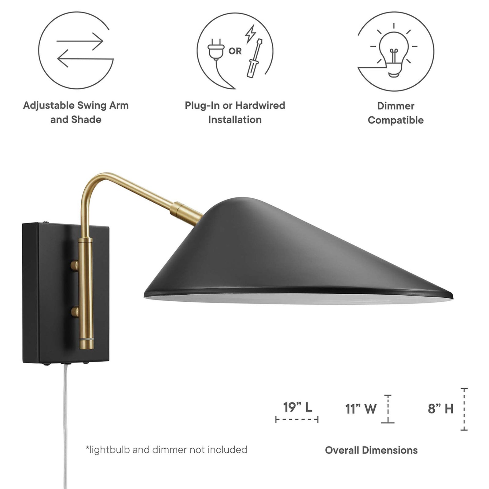 Illustrated guide showing Journey swing arm sconce dimensions and installation flexibility. || EEI-5296-BLK || dimension_studio