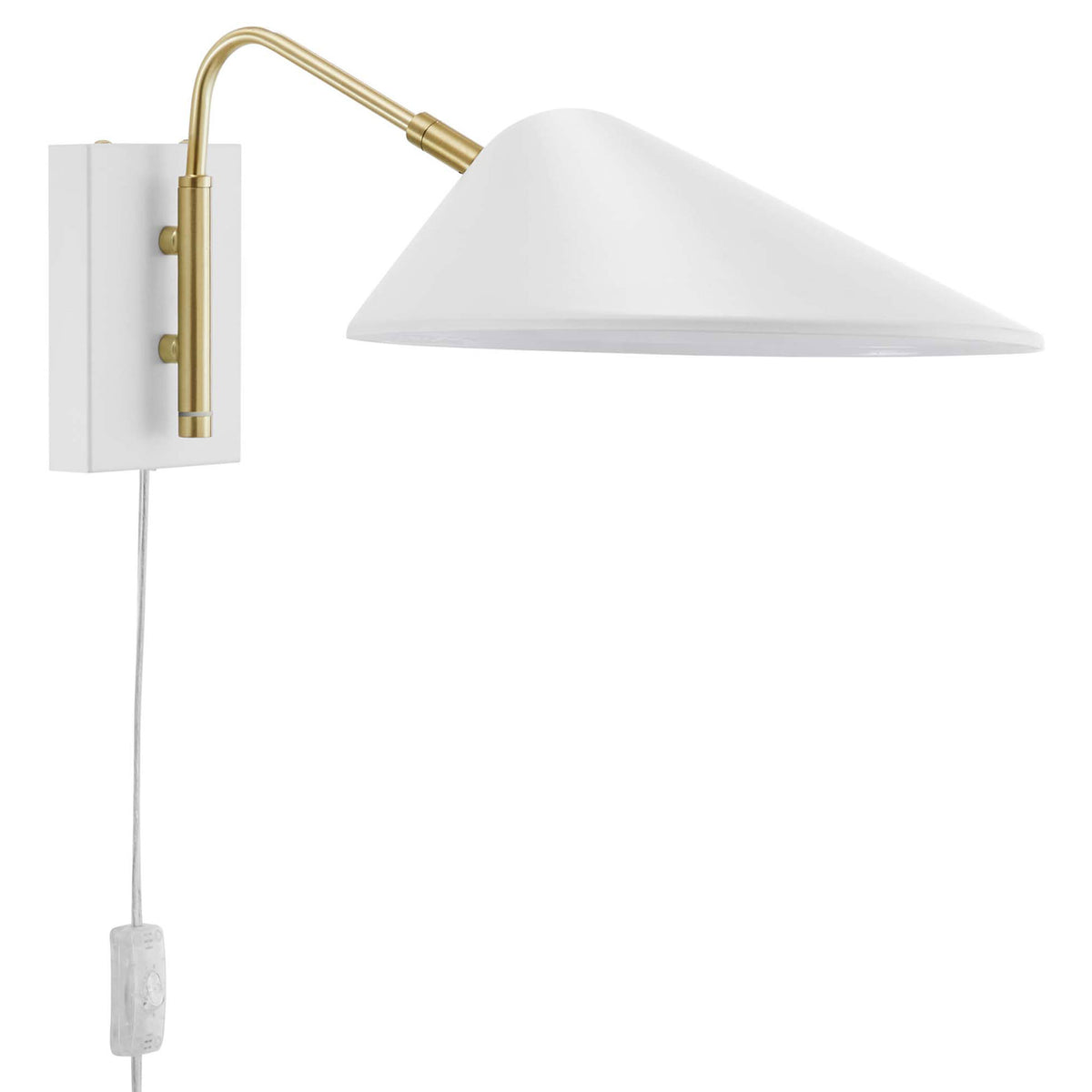 Adjustable white shade glides along a brass arm to direct light over seating or bedside. || EEI-5296-WHI || front_angle_studio