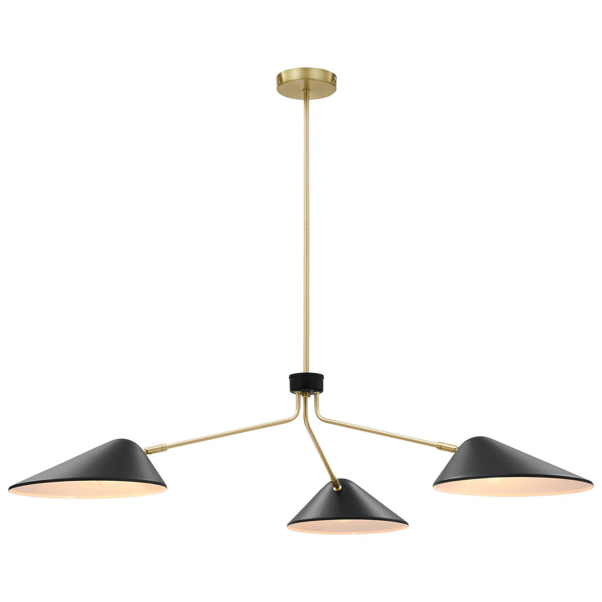 Modern tri-arm pendant in black with satin brass accents and adjustable shades for targeted illumination || EEI-5297-BLK || front_angle_on_studio