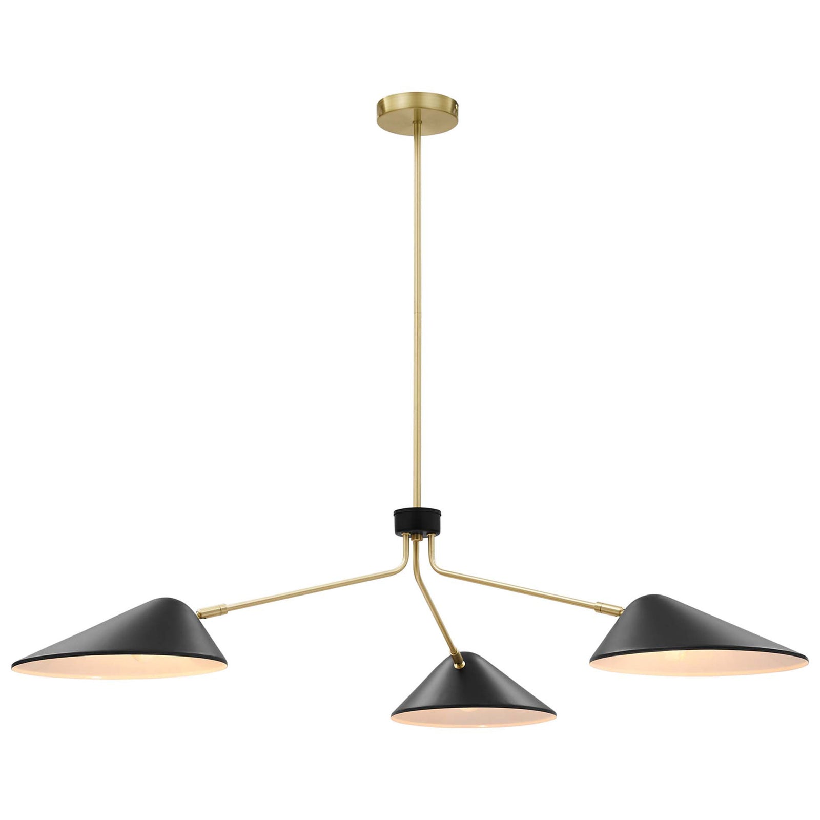 Modern tri-arm pendant in black with satin brass accents and adjustable shades for targeted illumination || EEI-5297-BLK || front_angle_on_studio