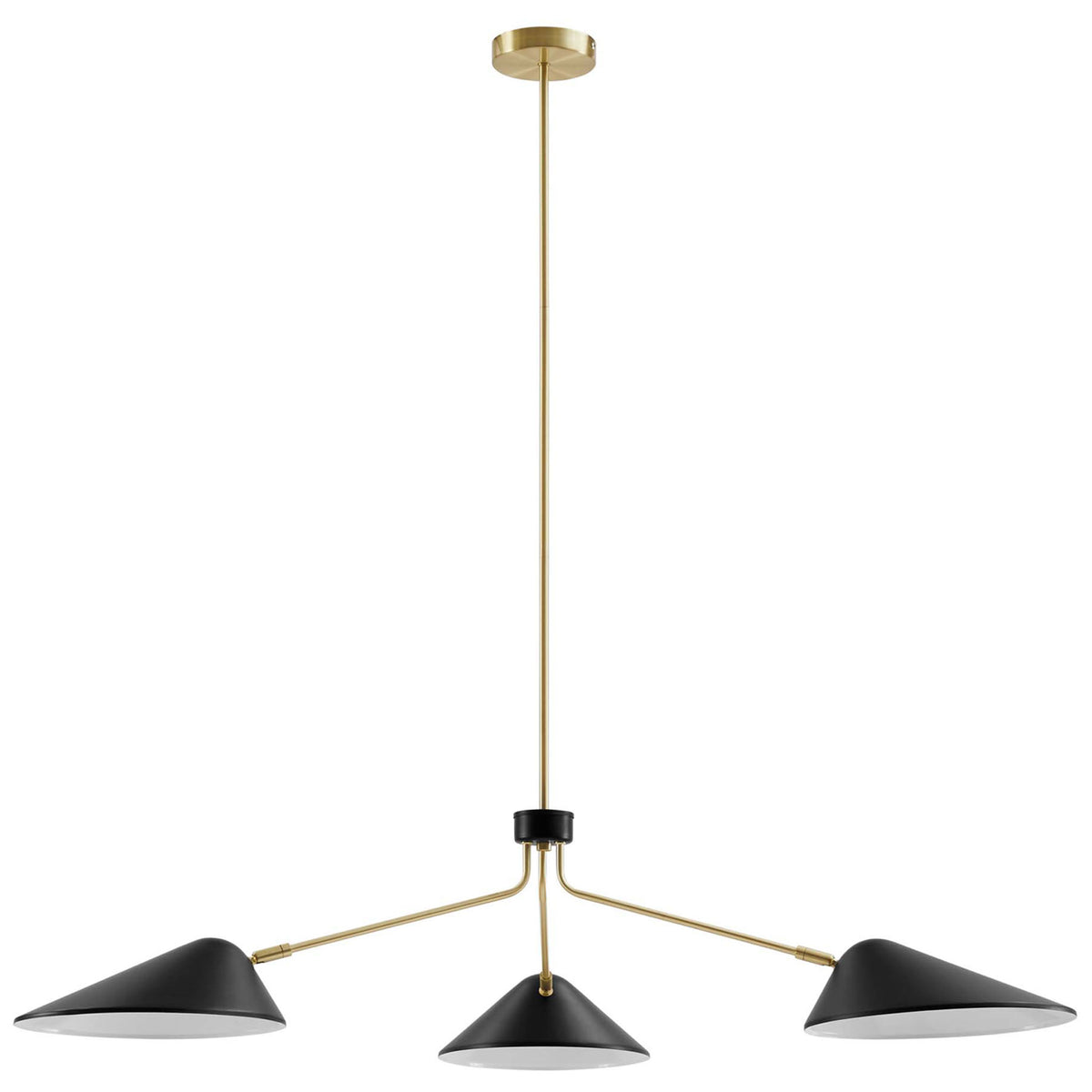 Sleek three-light pendant with black metal shades and satin brass rod for a refined modern look || EEI-5297-BLK || front_studio