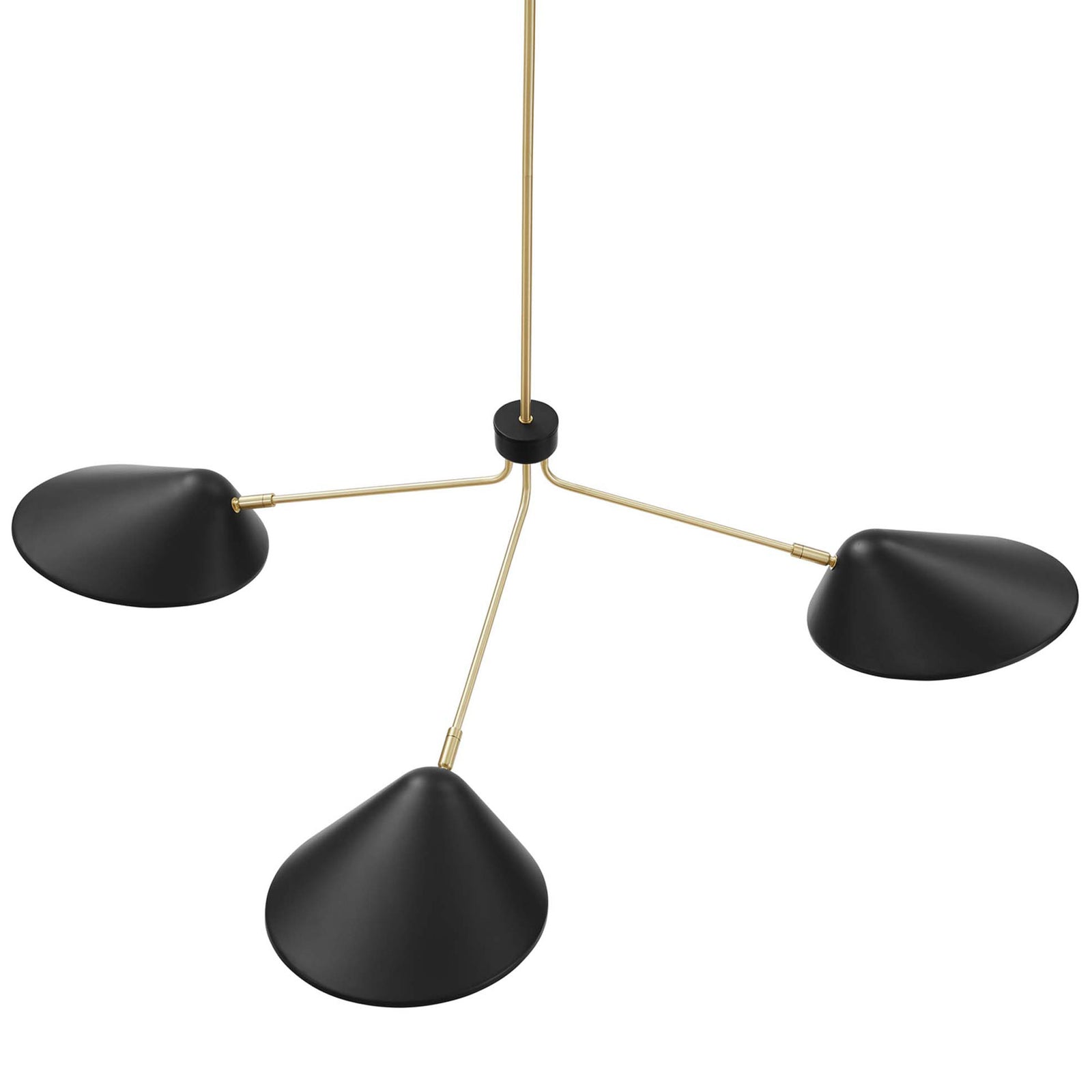 Three conical shades radiate from a central hub, showcasing the pendant's clean, sculptural geometry || EEI-5297-BLK || top_angle_studio